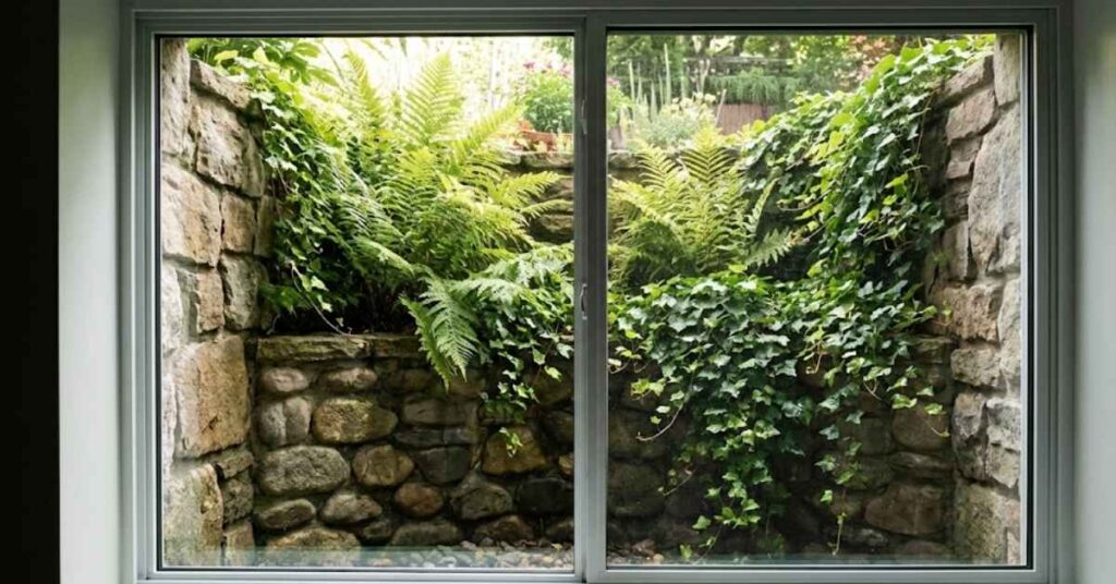 Professional Guide on Best Basement Plants: How to Grow a Lush Indoor Garden in the Dark 5 A window well garden seen from inside a basement.