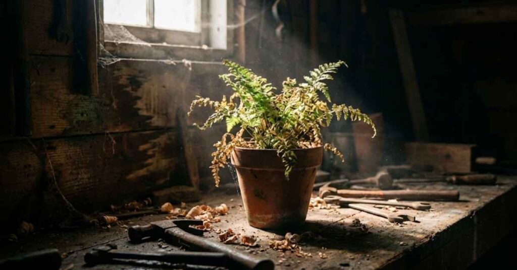 The Only Basement House Plants That Won't Die (Even with Zero Light) 2 A struggling indoor plant in a dark basement environment.