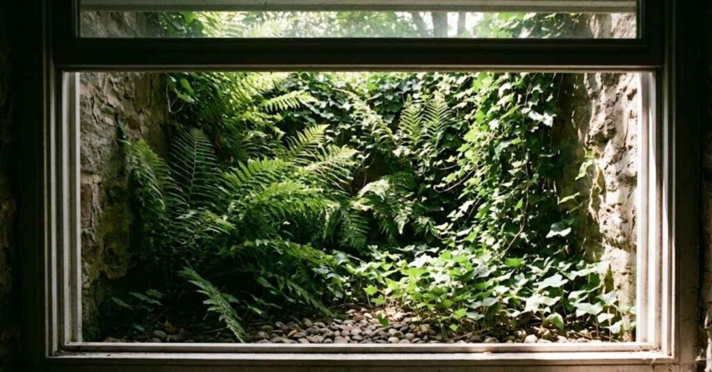 The Only Basement House Plants That Won't Die (Even with Zero Light) 5 Lush green ferns growing in a basement window well.