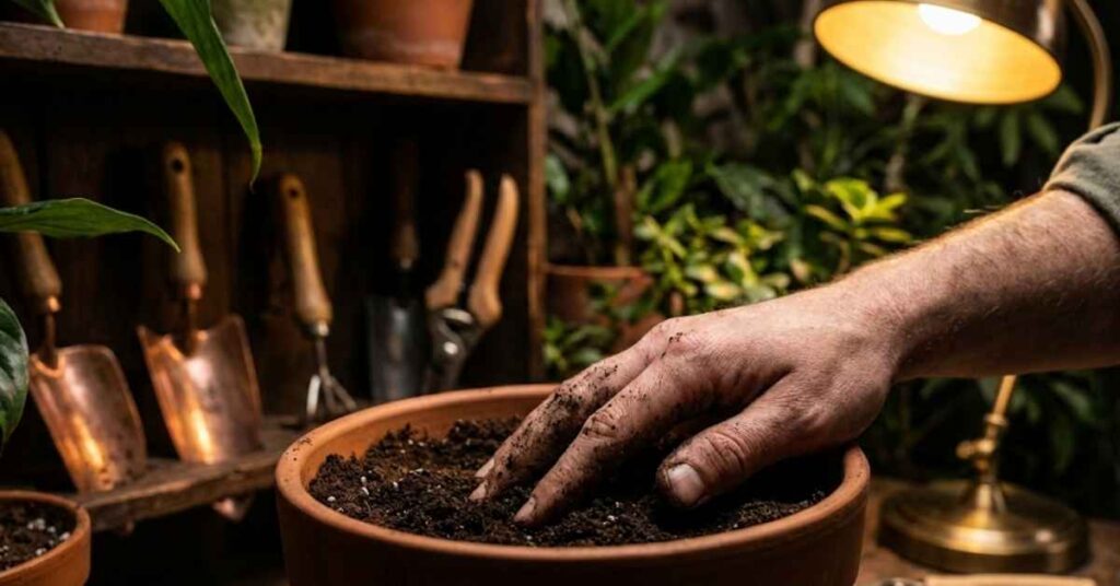 The Only Basement House Plants That Won't Die (Even with Zero Light) 6 Hand checking soil moisture of a basement house plant