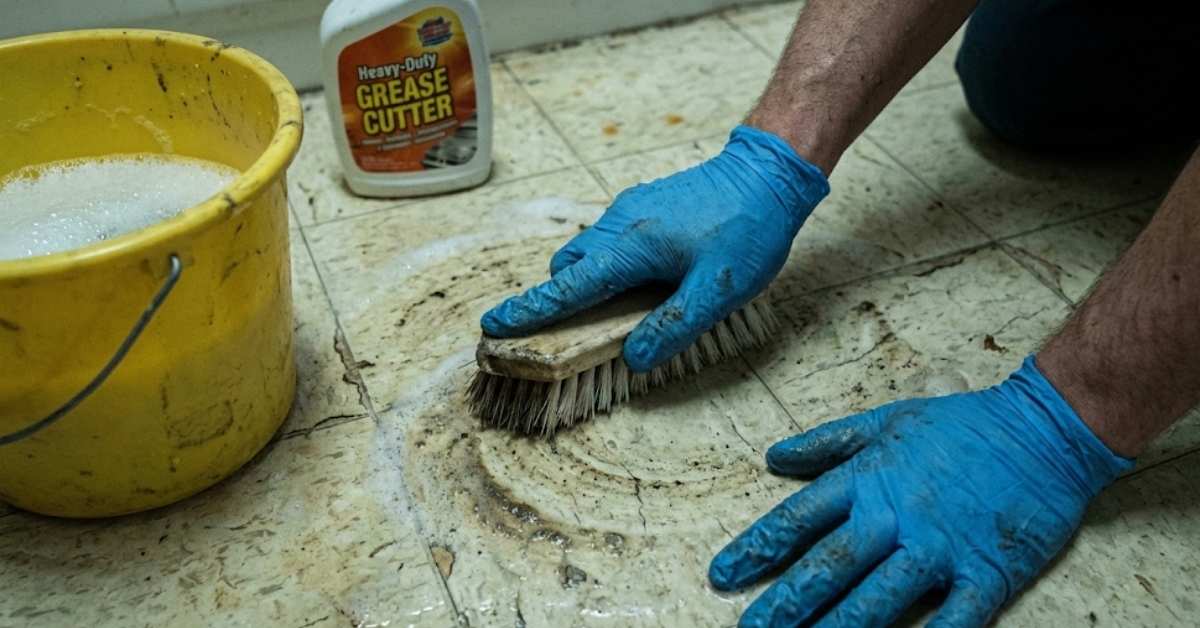Cleaning and prepping a bathroom subfloor for peel and stick tile installation.