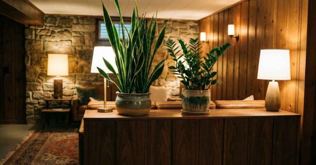 The Only Basement House Plants That Won't Die (Even with Zero Light) 3 Healthy Snake Plant and ZZ Plant in a stylish basement living room.