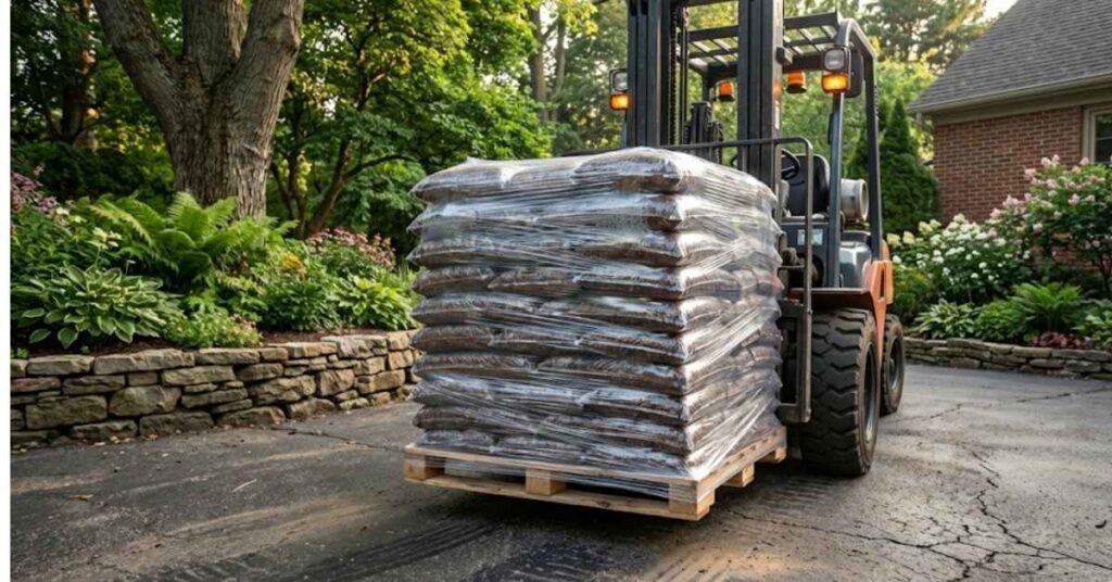 How Many Bags of Mulch in a Yard? The Simple Math Hack for Your Garden 3 A full pallet of mulch being delivered to a residential driveway.