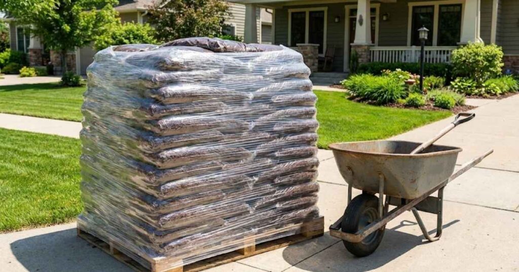 How Many Bags of Mulch in a Yard? The DIY Math Guide to Saving Money 4 A full pallet of mulch bags ready for a large landscaping project.