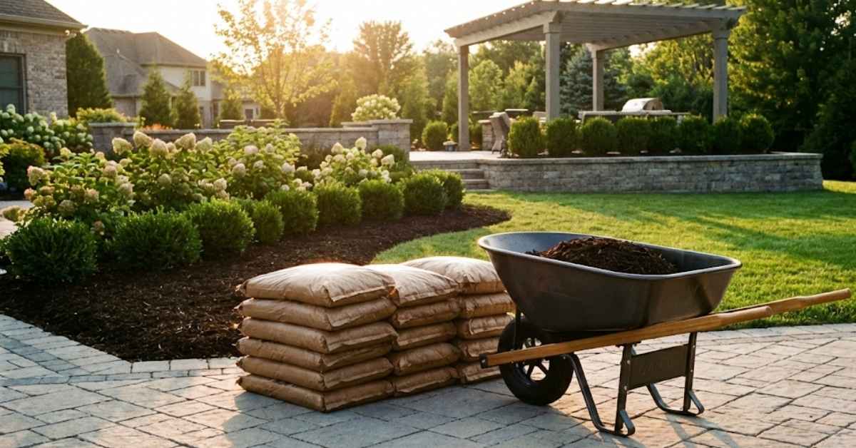 A stack of 14 mulch bags next to a garden bed illustrating how many bags of mulch in a yard.