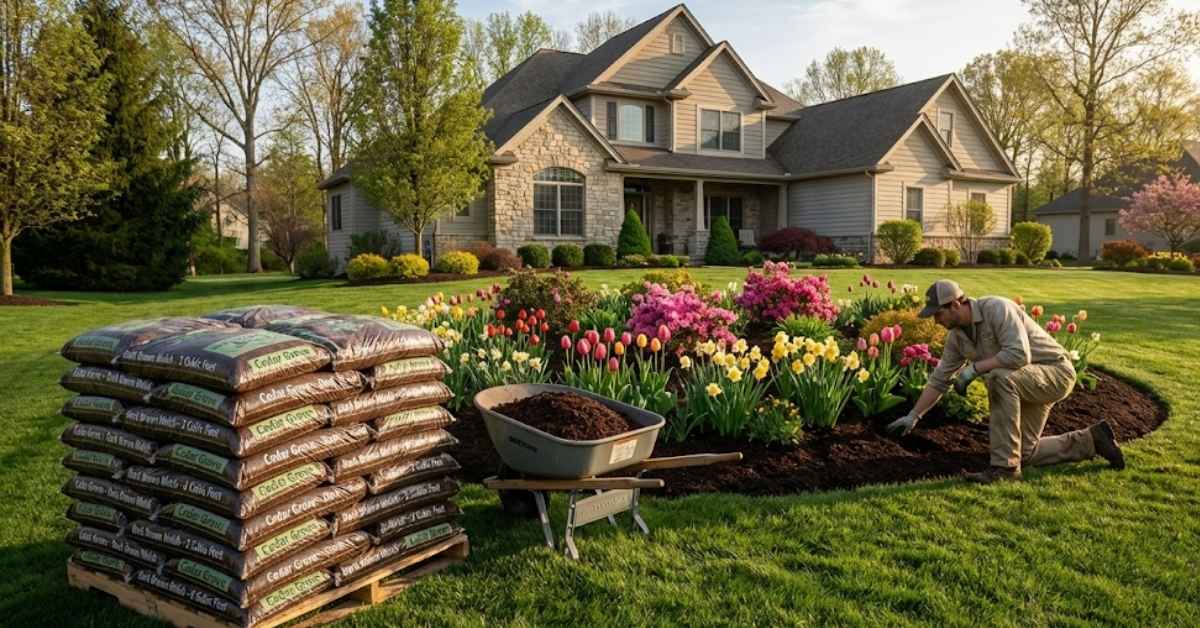 A stack of mulch bags on a pallet next to a garden bed in a sunny backyard.