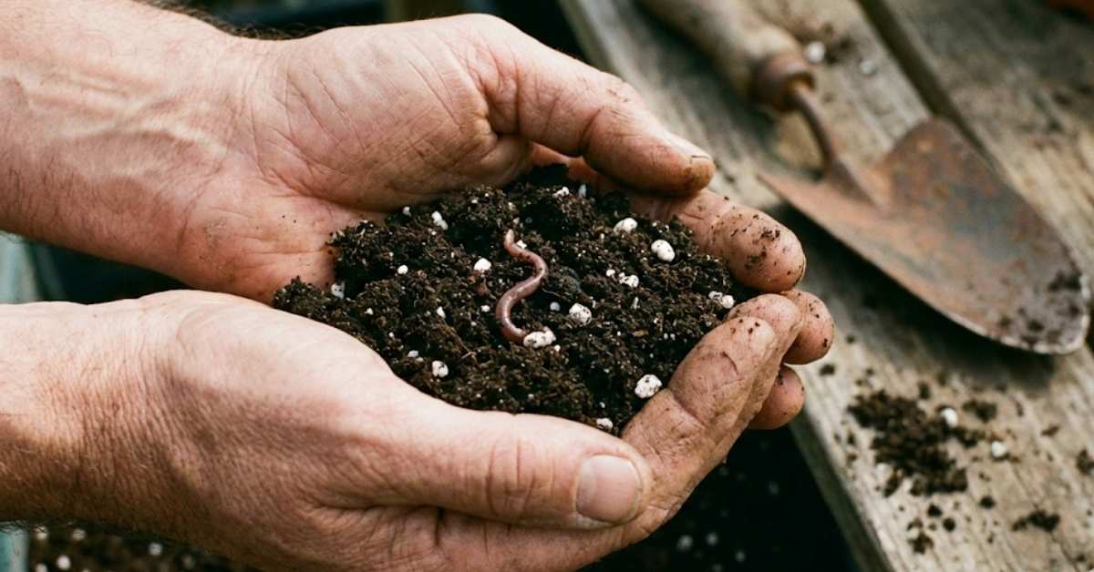 Weathered hands holding rich garden soil during a digital detox.