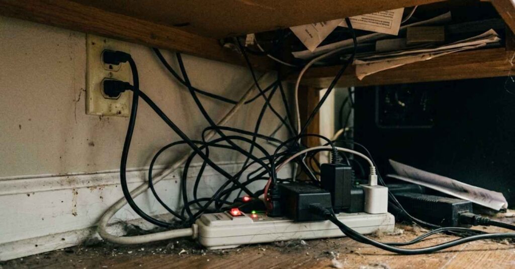 A Home Energy Expert Reveals Why Remote Work Is Quietly Doubling Your Electric Bill 2 Overloaded power strip with glowing standby lights tangled under a desk.