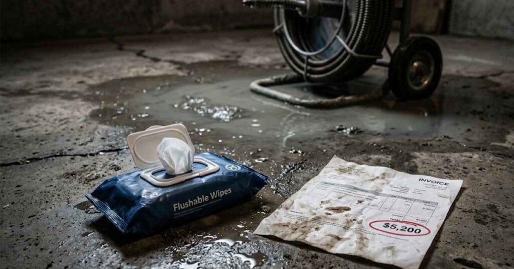 A Master Plumber Reveals Why You Should Never Use Flushable Wipes in Your Home 2 A package of wipes next to an expensive plumbing repair bill on a wet basement floor.