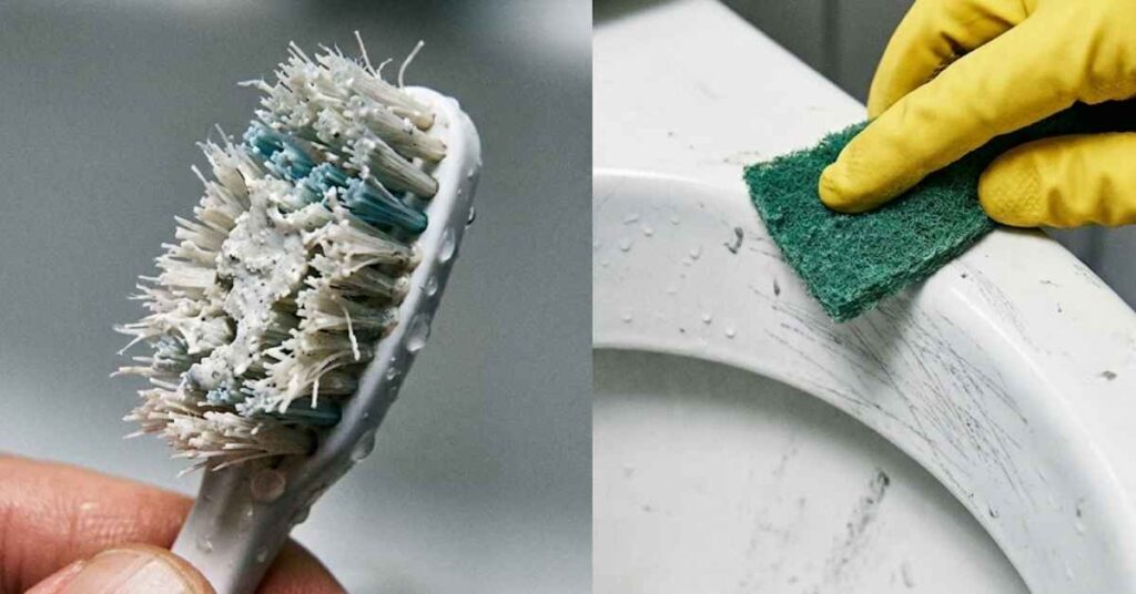 A Master Plumber Reveals Why You Should Never Use Flushable Wipes in Your Home 3 Comparison of abrasive toothbrushing and harsh toilet scrubbing.