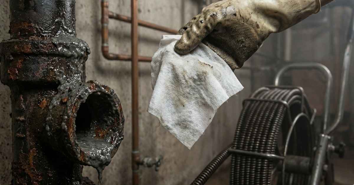 A plumber holding a clogged flushable wipe pulled from a rusted sewer pipe.