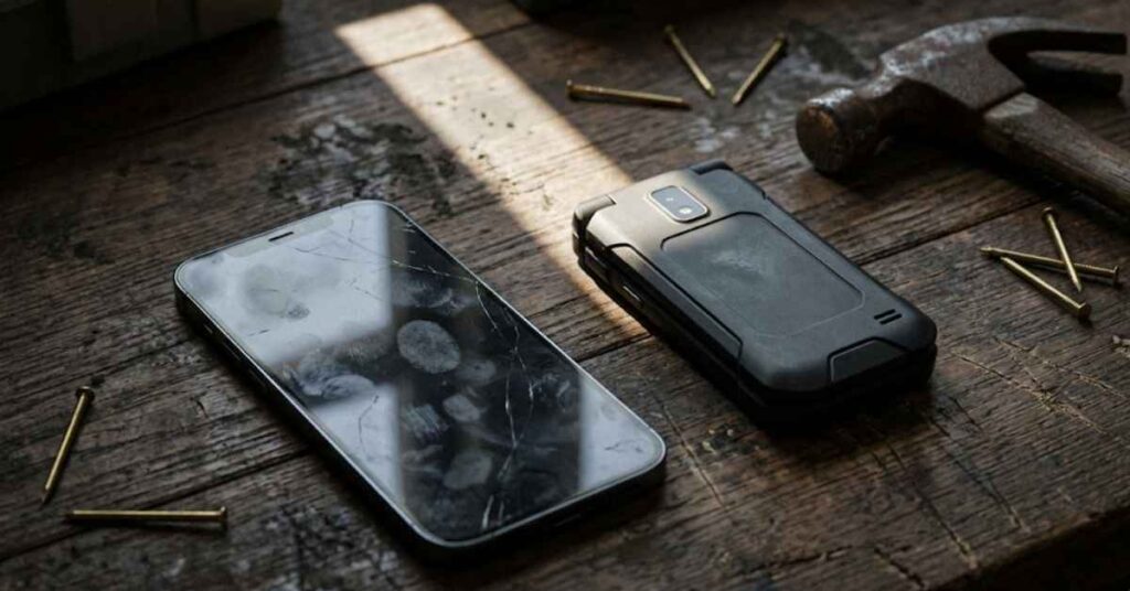 Why Tech Billionaires Are Dumping Their iPhones for $50 Flip Phones in 2026 2 A cracked, greasy smartphone next to a rugged black flip phone on a wooden workbench.