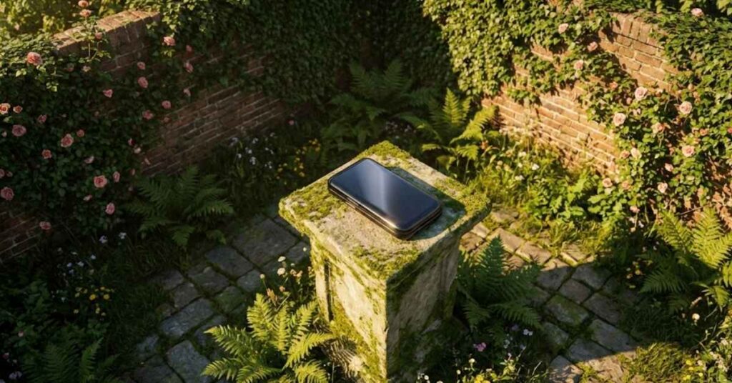 Why Tech Billionaires Are Dumping Their iPhones for $50 Flip Phones in 2026 3 A closed flip phone on a stone pedestal inside a private, ivy-covered garden.