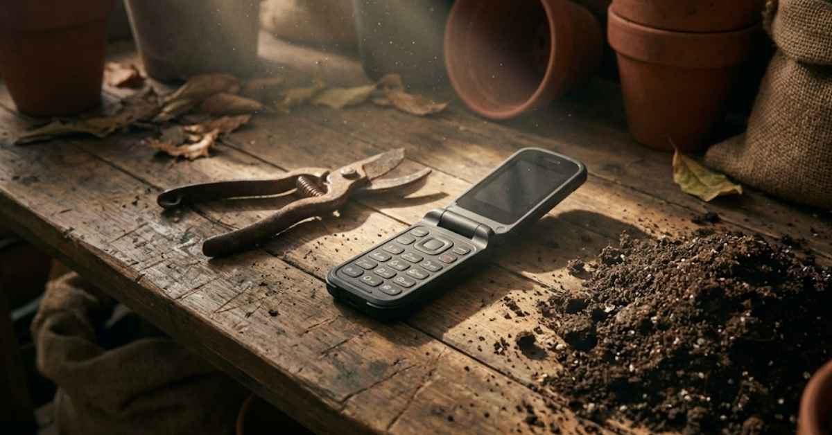 A black flip phone sitting on a wooden garden bench with rusted shears and soil.