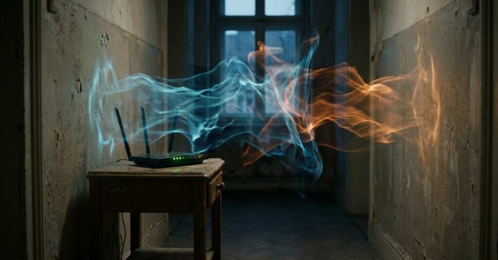 I Changed This One Hidden Router Setting and My Wi-Fi Speed Doubled Instantly 2 Visualisation of Wi-Fi signal interference in a dark home hallway.