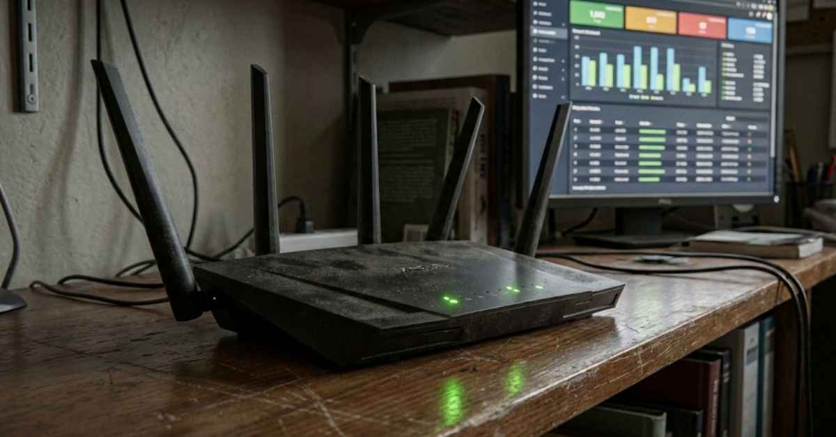 A Wi-Fi router with glowing green lights on a dusty wooden shelf.
