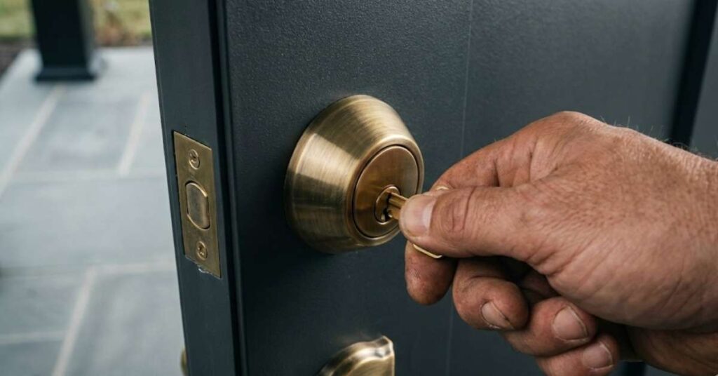 A Real Estate Expert Reveals Why This $1,500 Entry Upgrade Adds $10k to Your Home Value 2 A close-up of a hand turning a brass key in a gray steel door.