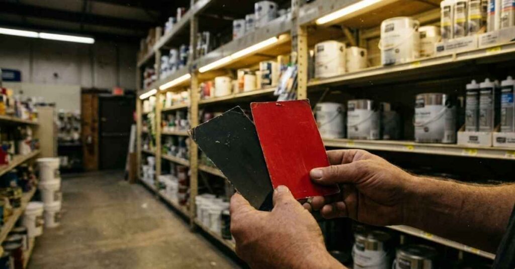 A Real Estate Expert Reveals Why This $1,500 Entry Upgrade Adds $10k to Your Home Value 3 Hands holding black and red paint swatches in a hardware store.