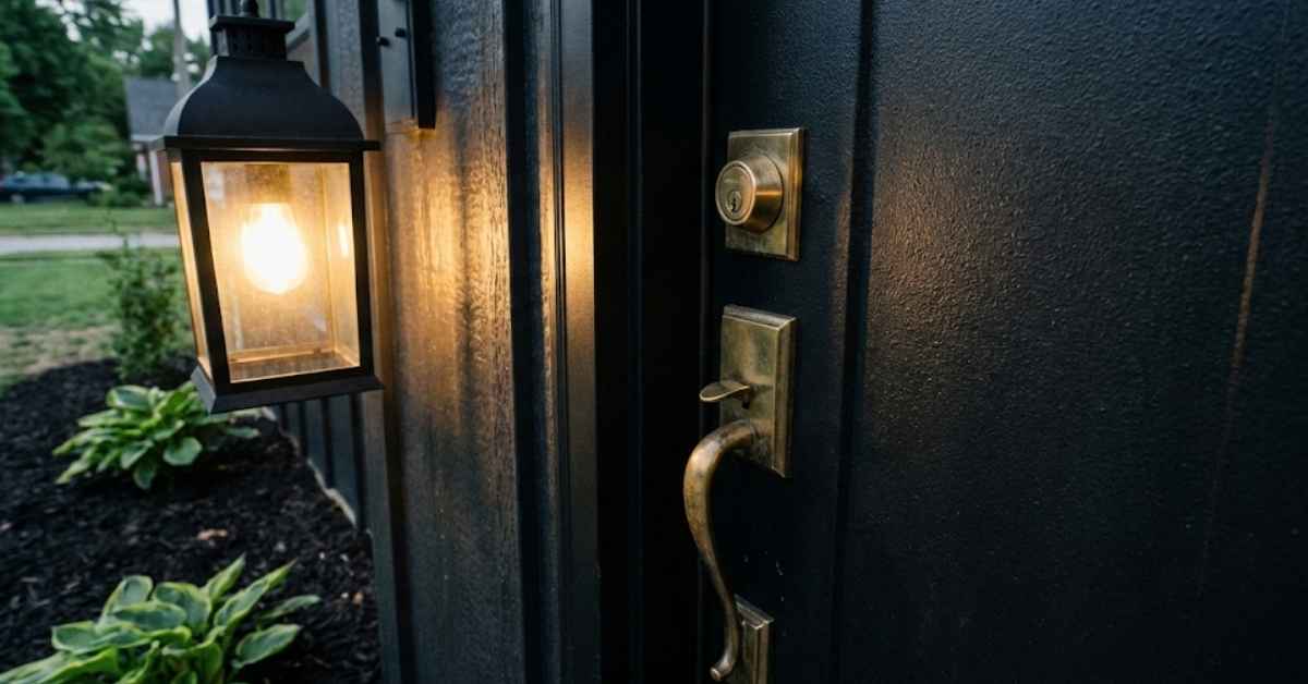 A modern matte black front door with brass hardware and warm lighting.
