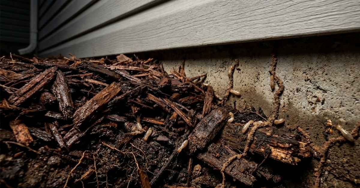 Subterranean termites building mud tubes through damp mulch against a house foundation.