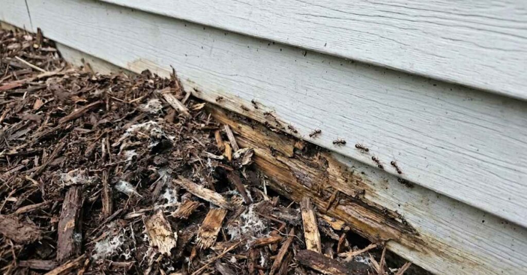A Landscaping Pro Reveals Why Your Thick Garden Mulch Is Actually a Bridge for Termites 2 Carpenter ants crossing damp wood mulch onto residential siding.