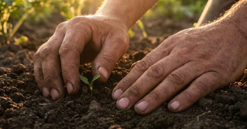 A Landscaping Pro Reveals Why Your Thick Garden Mulch Is Actually a Bridge for Termites 3 Weathered hands pressing into dark garden soil for earthing.