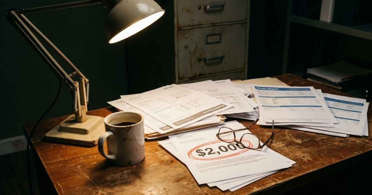 A red pen circling a two thousand dollar error on a paper credit report.