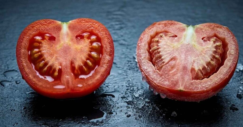 A Professional Chef Reveals Why Storing Tomatoes In The Fridge Is A Flavor Crime 2 Macro comparison of a juicy room-temperature tomato versus a mealy refrigerated one.