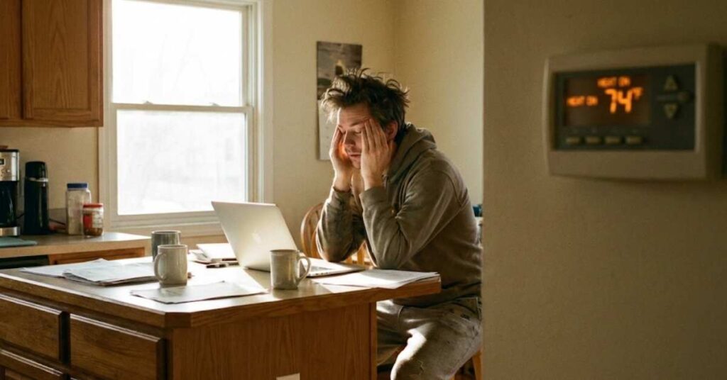 A Home Energy Expert Reveals Why Remote Work Is Quietly Doubling Your Electric Bill 3 Stressed remote worker sitting in a overheated kitchen near a thermostat.
