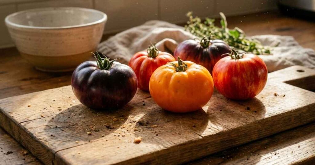 A Professional Chef Reveals Why Storing Tomatoes In The Fridge Is A Flavor Crime 3 Heirloom tomatoes stored stem-side down on a rustic wooden cutting board.
