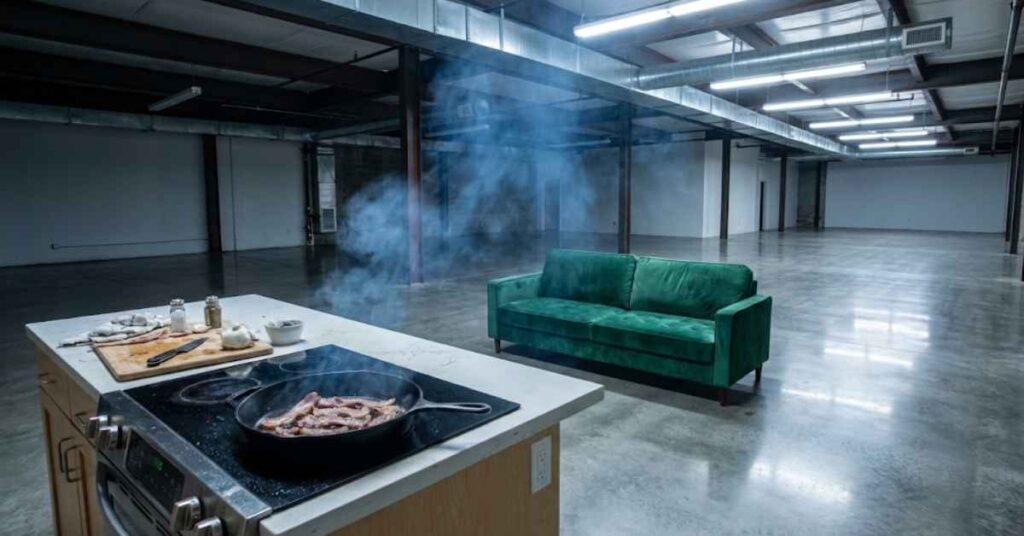 A Master Contractor Explains Why Open Floor Plans Are Officially Dead in 2026 Designs 2 Cooking smoke drifting from a kitchen island to a living room in an open floor plan.