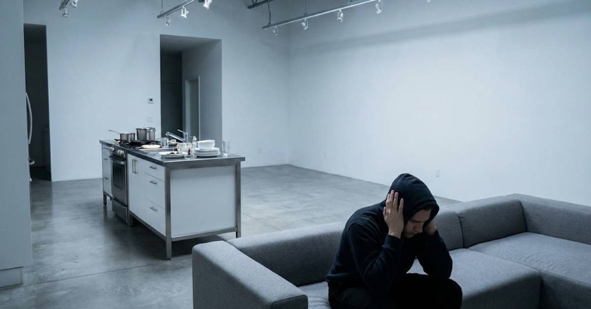 A person overwhelmed by noise in a large open floor plan home.