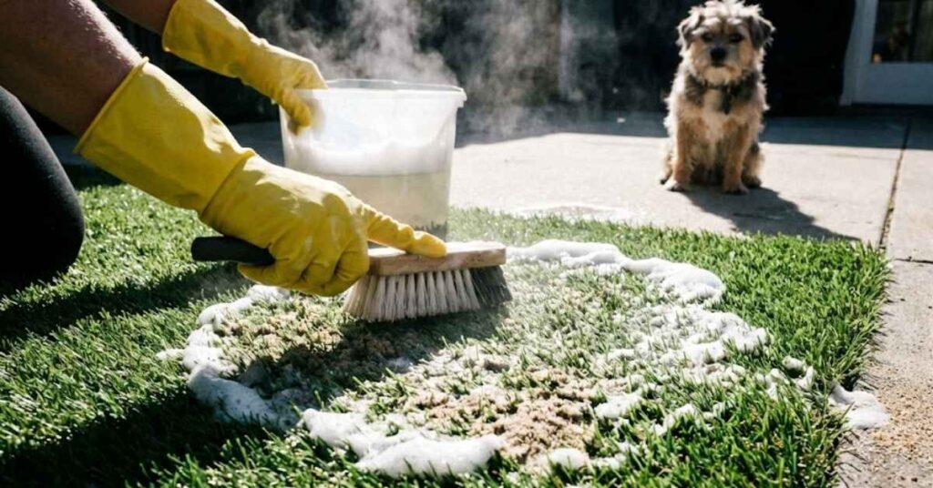 A person scrubbing artificial turf with soap and water to remove pet odors.