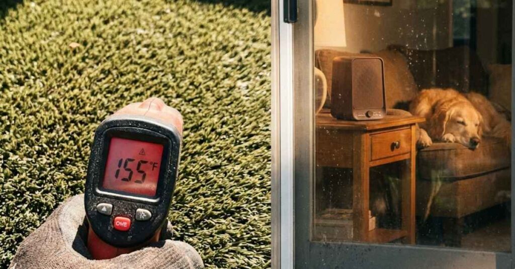 Infrared thermometer showing high temperature on artificial grass next to a dog's paw.