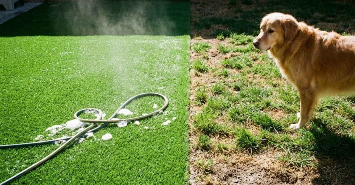 Cleaning soap bubbles off artificial grass in a hot sunny backyard.