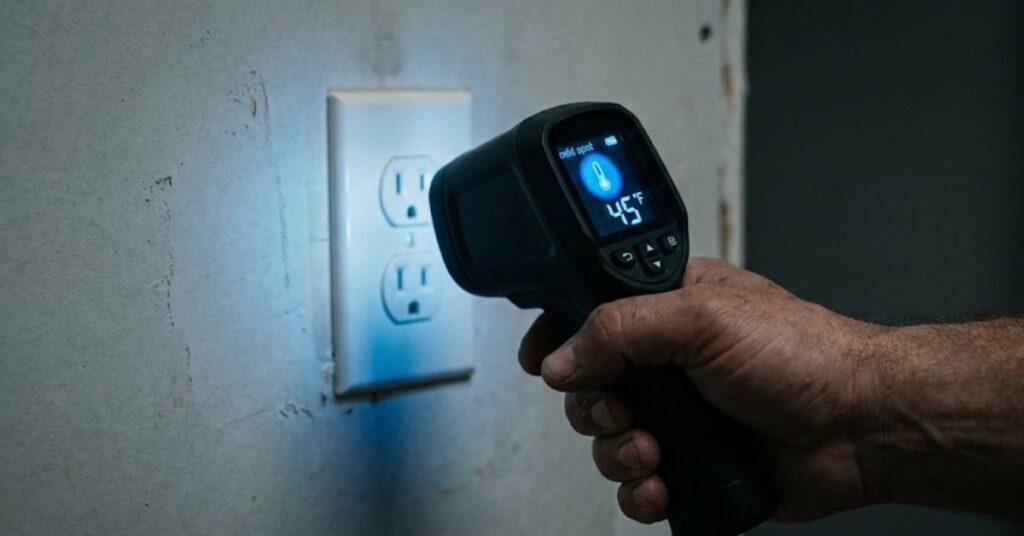 A handheld thermal leak detector pointing at a cold electrical outlet in a winter home.