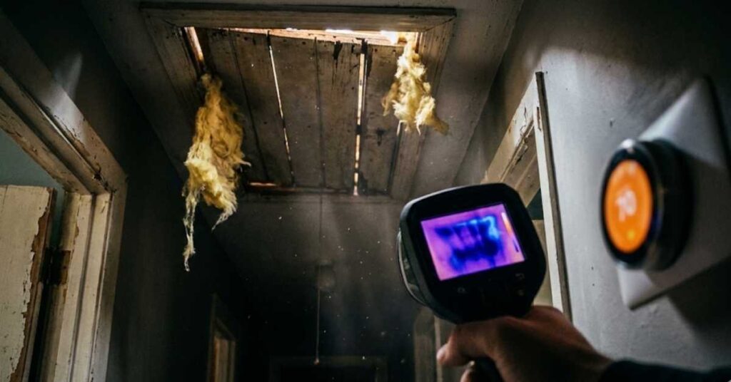 Thermal detector showing extreme cold at a leaky attic hatch next to a smart thermostat.