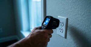 I Bought This $10 Amazon Tool and Saved $500 on My Heating Bill This Winter 7 A handheld thermal leak detector pointing at a cold electrical outlet in a winter home.