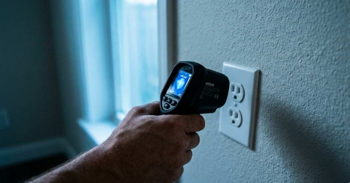 A handheld thermal leak detector pointing at a cold electrical outlet in a winter home.