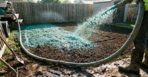 Professional hydro-seeding slurry being sprayed on dark soil in a backyard.