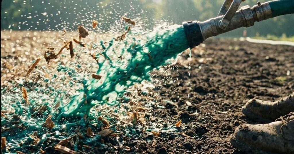 Industrial nozzle spraying green hydro-seed slurry onto a backyard lawn.