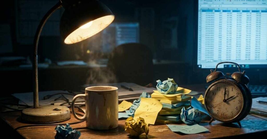 A cold coffee mug and crumpled notes on a desk at 2 AM.