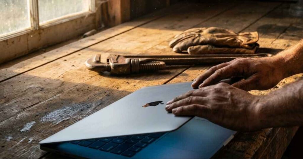 Hands closing a laptop next to a rusted pipe wrench on a workbench.