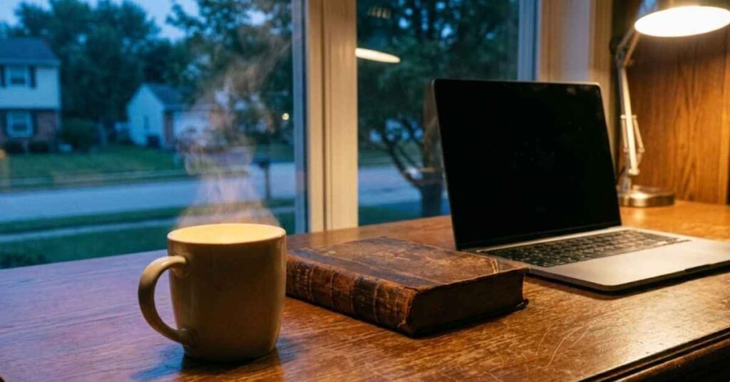 A Top Career Coach Reveals Why Quiet Quitting Is the Fastest Way to Get a Promotion 5 A dark home office with a closed laptop and a warm cup of tea at night.