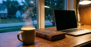 A dark home office with a closed laptop and a warm cup of tea at night.