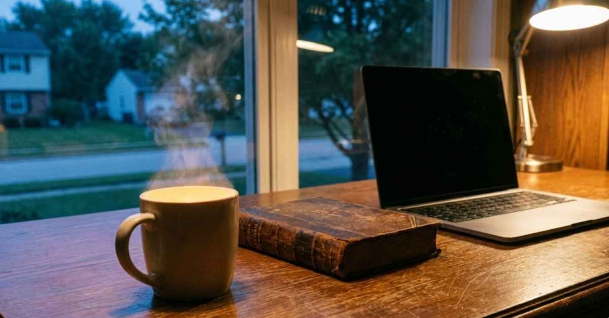A dark home office with a closed laptop and a warm cup of tea at night.