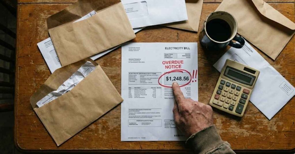 A Home Energy Expert Reveals Why Remote Work Is Quietly Doubling Your Electric Bill 5 High paper electricity bill on a table with the total circled in red pen.