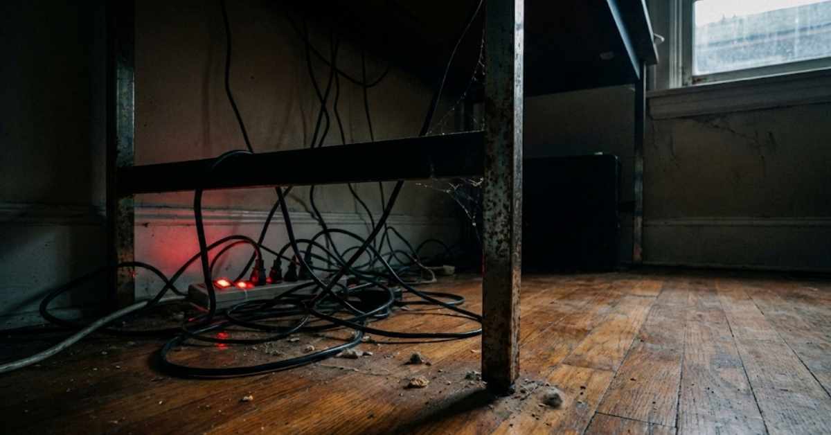 Tangled power cords and glowing power strip under a home office desk.