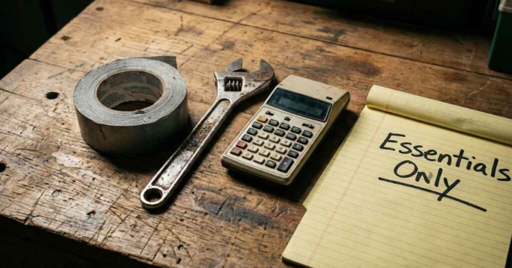 I Tried a No-Spend Challenge for All of January and This Is My Bank Balance Now 2 A heavy wrench and duct tape on a workbench representing no-spend home maintenance.