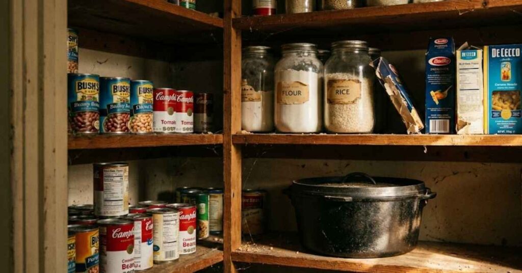 I Tried a No-Spend Challenge for All of January and This Is My Bank Balance Now 3 A stocked kitchen pantry with canned goods and a cast iron pot.